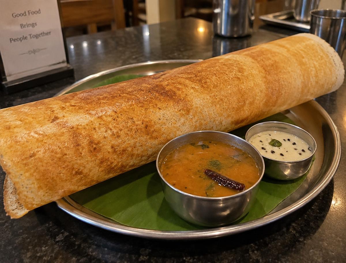Long crisp golden dosa with sambar and coconut chutney