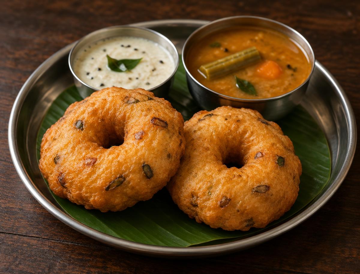 Two medu vadas on a banana leaf